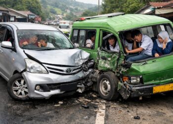 Mobil Minibus Alami Pecah Ban, Lalu Oleng, dan Akhirnya Tabrak Angkot