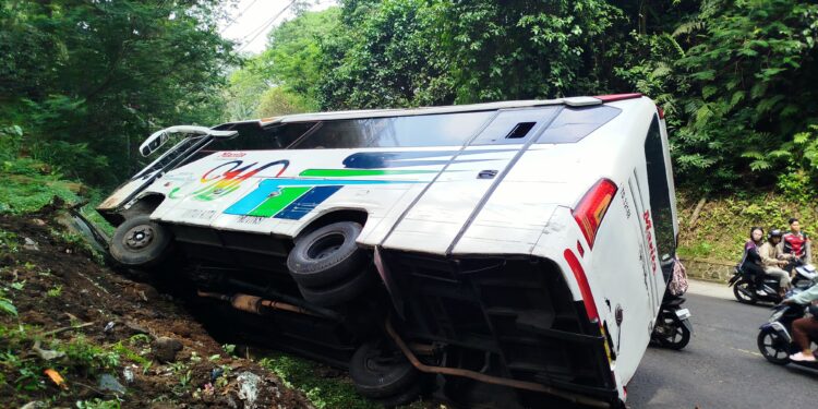 Mikrobus Berpenumpang 20 Orang Terguling di Cugenang Usai Tabrak Tebing