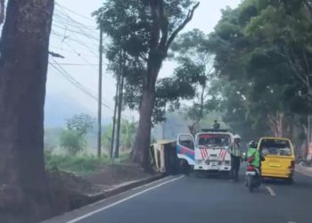 Truk Bermuatan Air Mineral Terguling di Jalan Raya Cianjur-Puncak
